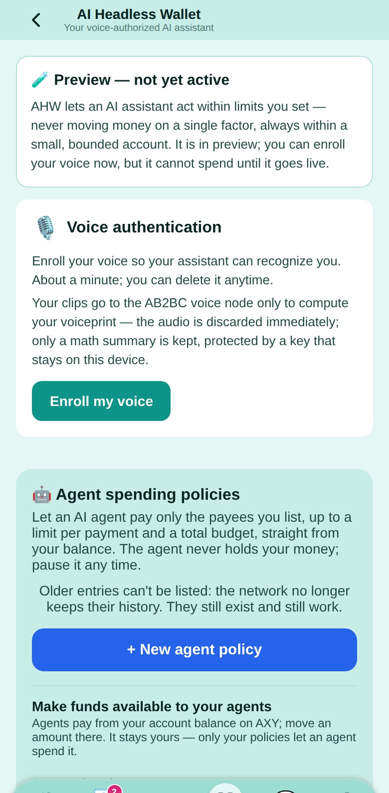 AI Headless Wallet: preview note, voice authentication, agent spending policies