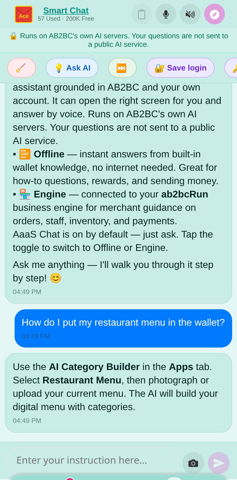 The AB2BC Assistant answering a question about the menu builder