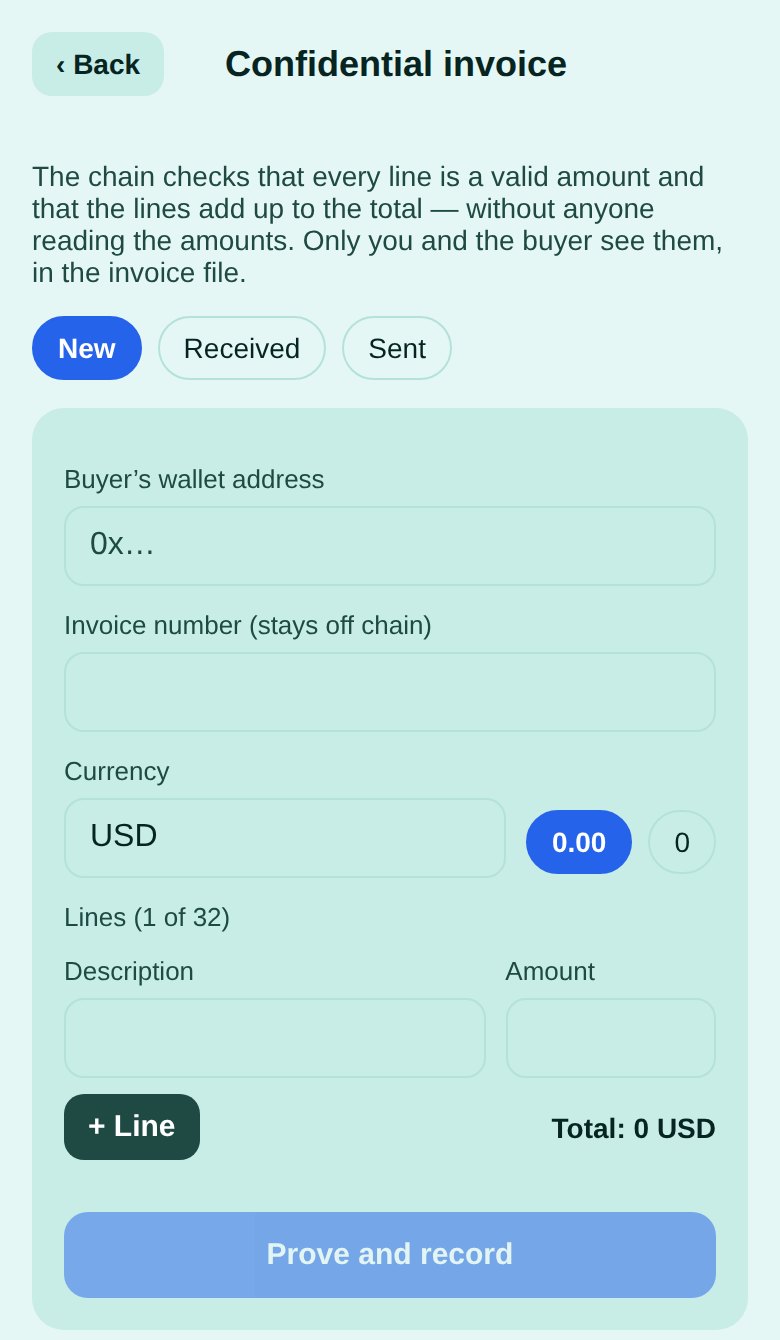 Confidential invoice form: buyer address, invoice number, currency, lines, Prove and record