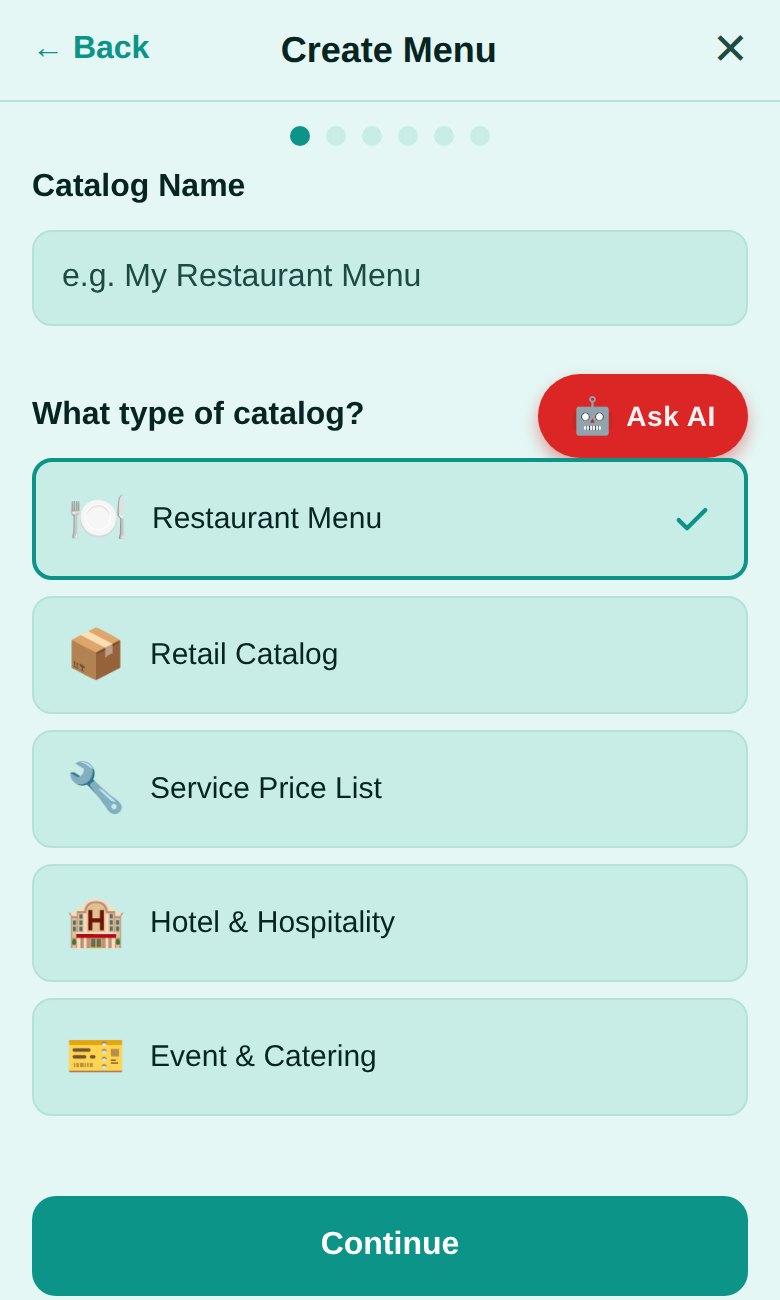 AI Category Builder: choose Restaurant Menu