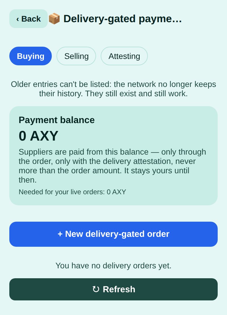 Pay on delivery: Buying, Selling and Attesting tabs